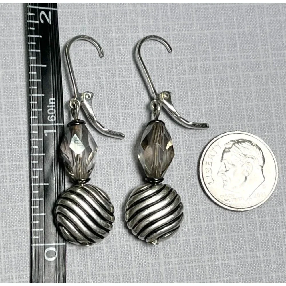 Leverback Drop Earrings Smoky Crystal Bead Dangle Silver Tone Striped Metal Disc